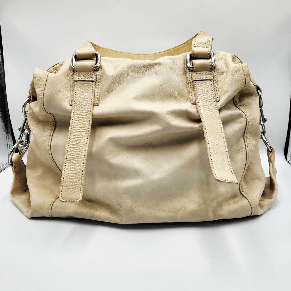 Club Monaco Beige 100% Leather Slouchy Satchel Handbag Gathered Side Detail